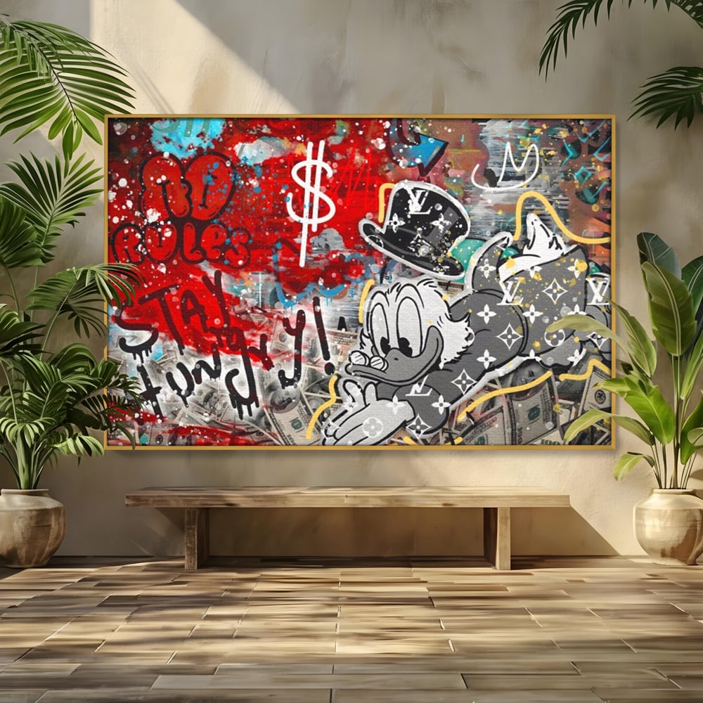 Tablou canvas cu tablou canvas cu scrooge mcduck si graffiti, in rama de aluminiu auriu